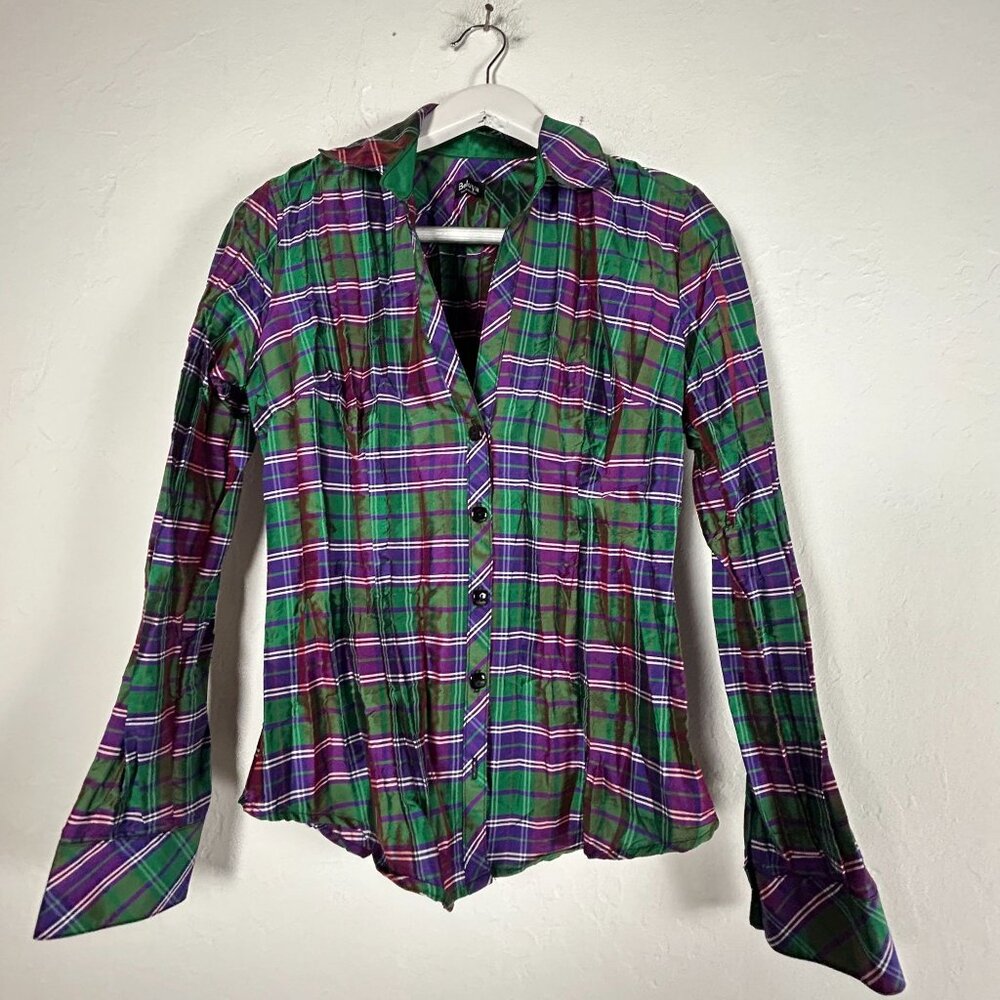 Beluva Sna Francisco Womens Green Purple Plaid Pleated Button-Down Shirt Small